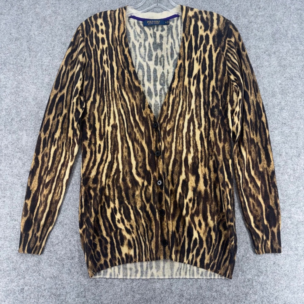 Polo Golf Ralph Lauren Silk Cashmere Leopard Print Cardigan Sweater Small Boho